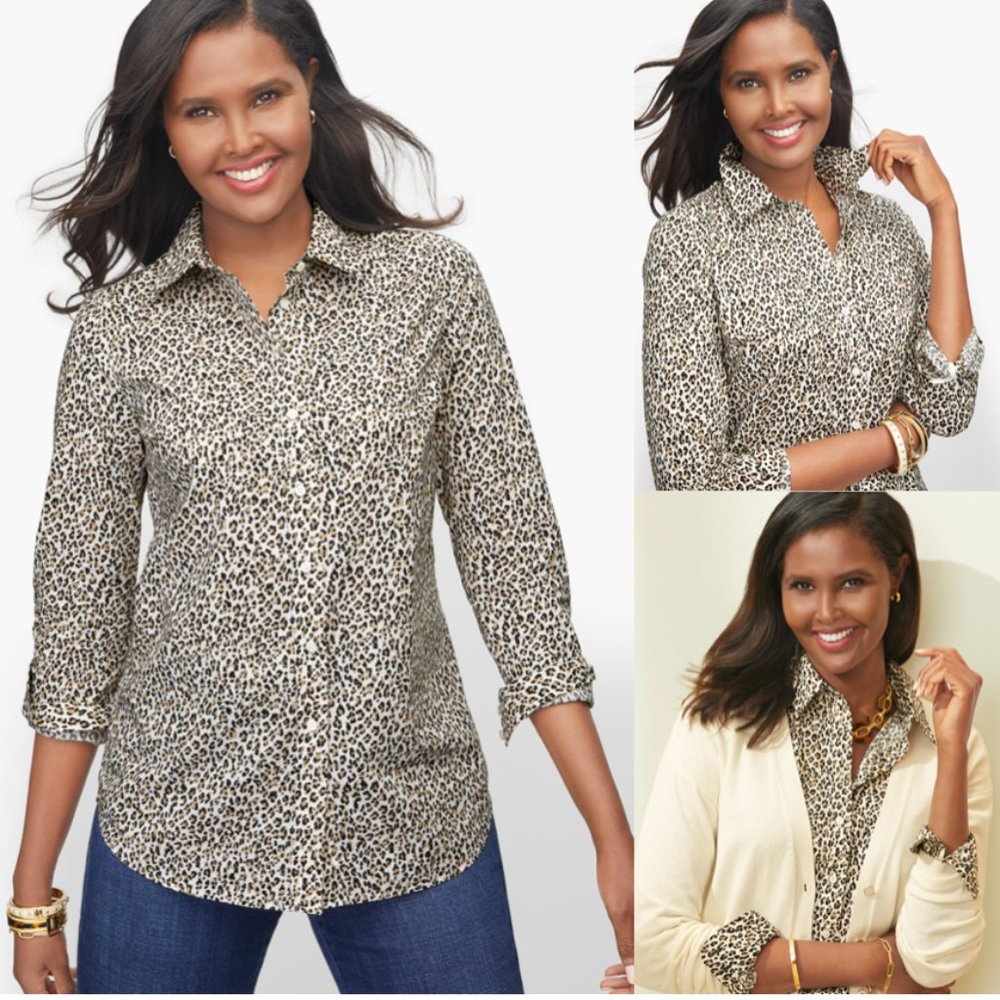 Talbots animal print fitted button up shirt sz 10P
